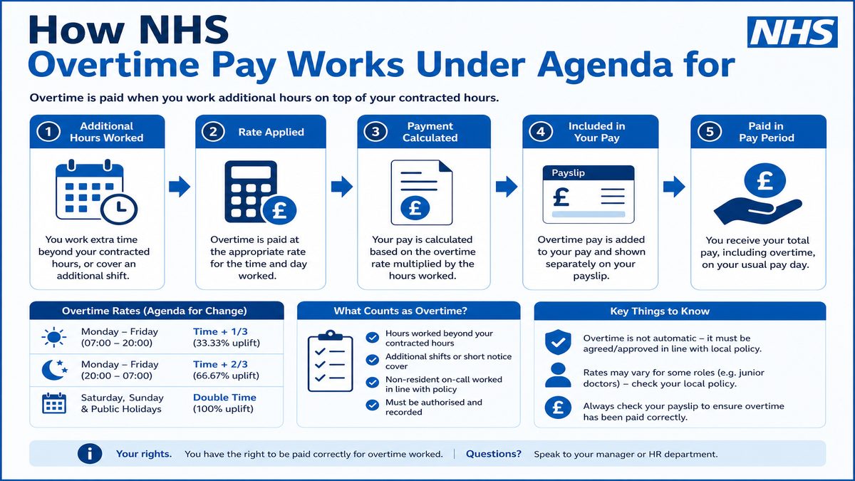 Infographic explaining How NHS Overtime Pay Works Under Agenda for for NHS pay and benefits — covers: How NHS Overtime Pay Works Under Agenda for Change.