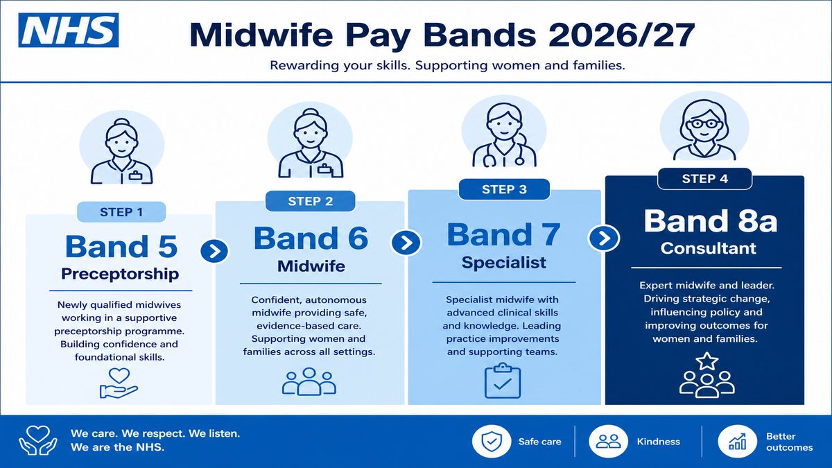 Infographic of NHS midwife Agenda for Change bands from Band 5 preceptorship through Band 6 Band 7 and Band 8a.