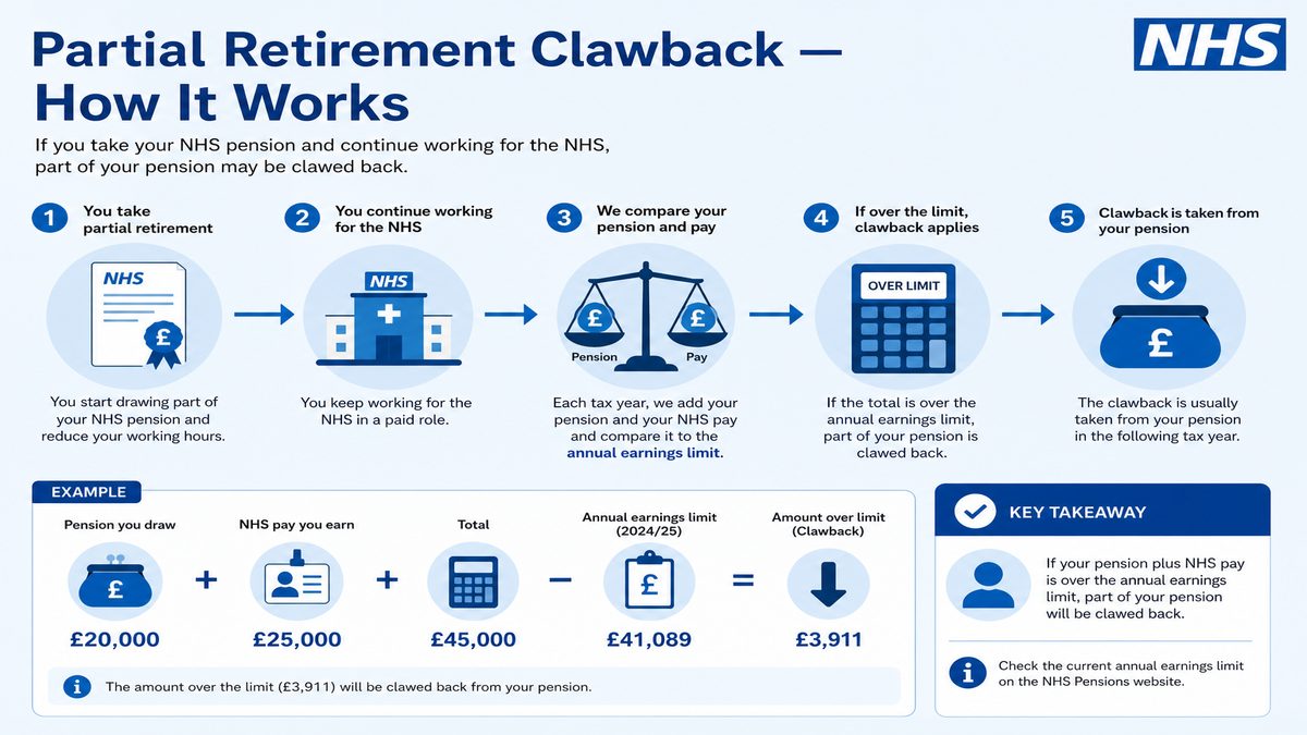 Infographic explaining Partial Retirement Clawback — How It Works for NHS pay and benefits — covers: Partial Retirement Clawback — How It Works.