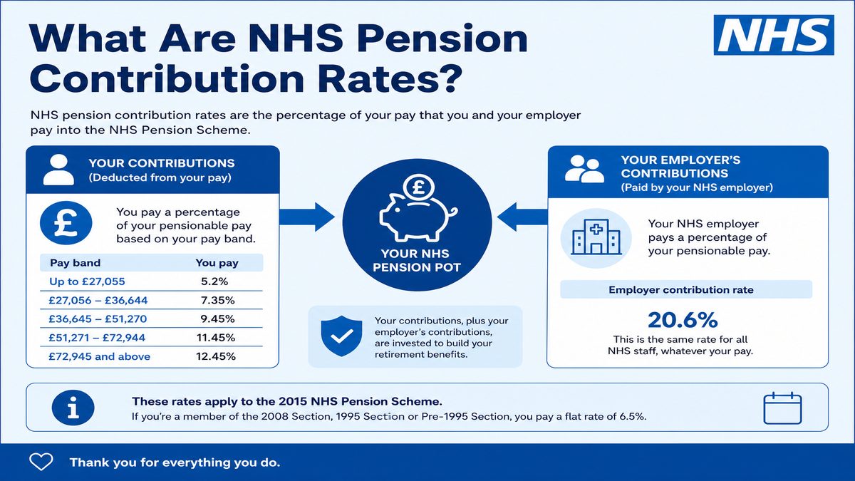 Infographic explaining What Are NHS Pension Contribution Rates? for NHS pay and benefits — covers: What Are NHS Pension Contribution Rates?.