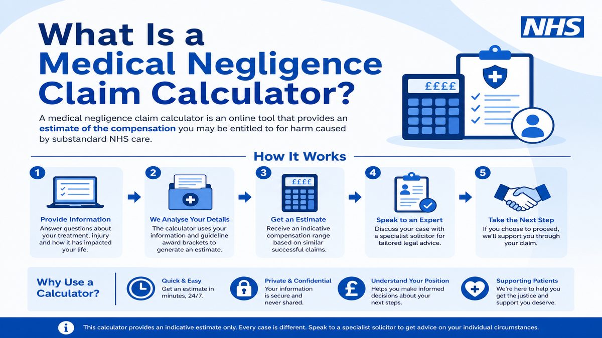 Infographic explaining What Is a Medical Negligence Claim Calculator? for NHS pay and benefits — covers: What Is a Medical Negligence Claim Calculator?.