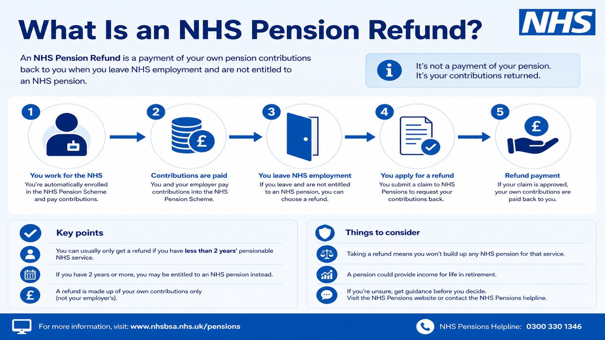 Infographic explaining What Is an NHS Pension Refund? for NHS pay and benefits — covers: What Is an NHS Pension Refund?.
