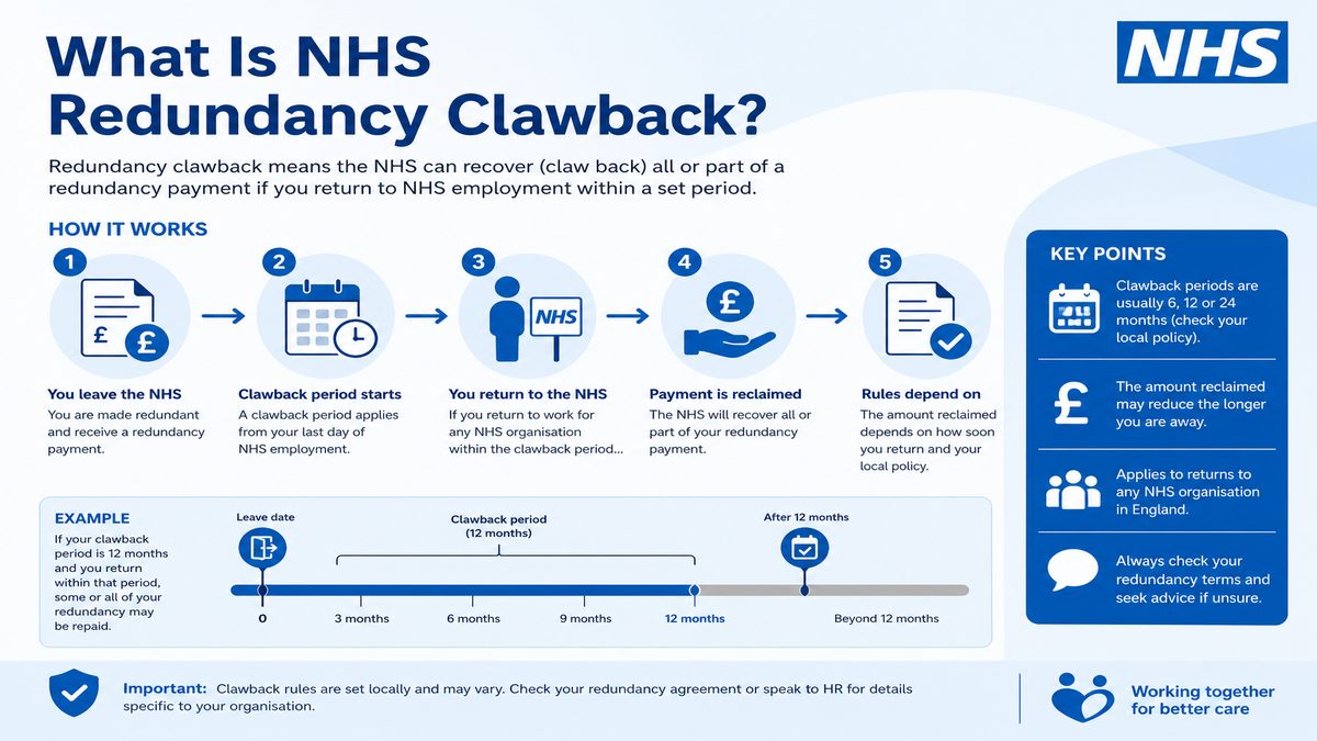 Infographic explaining What Is NHS Redundancy Clawback? for NHS pay and benefits — covers: What Is NHS Redundancy Clawback?.