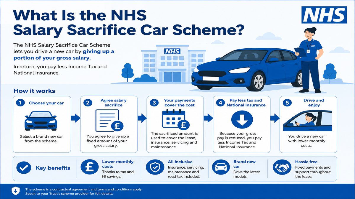 Infographic explaining What Is the NHS Salary Sacrifice Car Scheme? for NHS pay and benefits — covers: What Is the NHS Salary Sacrifice Car Scheme?.