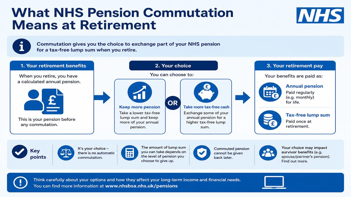 Infographic explaining What NHS Pension Commutation Means at Retirement for NHS pay and benefits — covers: What NHS Pension Commutation Means at Retirement.